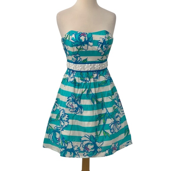 Lilly Pulitzer Strapless Langley Dress Shorely Blue Tossing The Line Floral Sz 0 - Picture 2 of 13